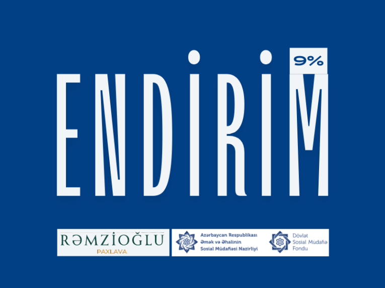 Sosial Tərəfdaş ilə 9% Endirimə, Mavi və ağ rəngli bir lövhə üzərində, 9% və endirim yazılmış ağ rəngdə mətn. alt hissədə isə rəmzioğlu, sosial müdafiə fondu loqoları var